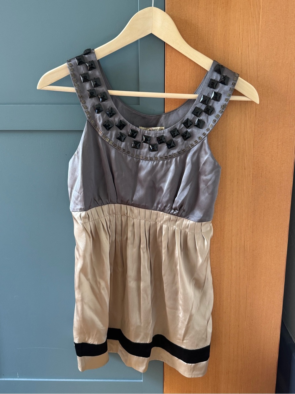 Kensie Two-Tone Beaded Satin Camisole - Gray & Beige